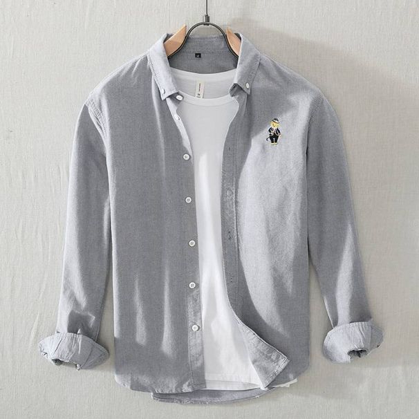Men's Clothing Cotton Japanese Retro Embroidered Bear Casual Shirt Men's Spring Loose Large Size Hong Kong Style Long Sleeve_viptrois.com