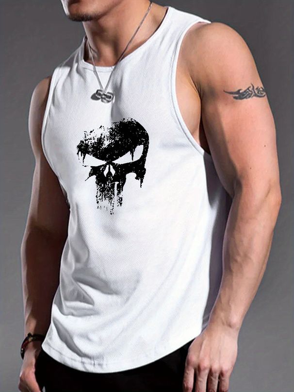 100% Cotton Men's Summer Casual Sports Fitness Loose Skull Creative Graphic Print Breathable Round Neck Sleeveless Vest_viptrois.com