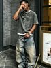 230g Vintage Washed Men Crew Neck Tee Lets Chill Life Line Art Rose Cursive Text Print Short Sleeve Casual Summer Top_viptrois.com