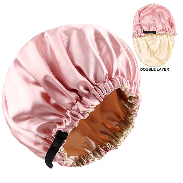 Double layer satin sleeping cap Invisible flat adjustable buckle silk solid color double sided wearable shower cap elastic hair cap_viptrois.com