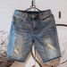 Men's Clothing Retro Ripped Denim Shorts Loose Straight ShortsThin Mid Length Pants_viptrois.com