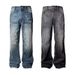 Men's Clothing Retro Dark Blue Lightning Cracked Jeans For Men And Women Loose Wide Leg Pants Washed Straight Flared Pants_viptrois.com