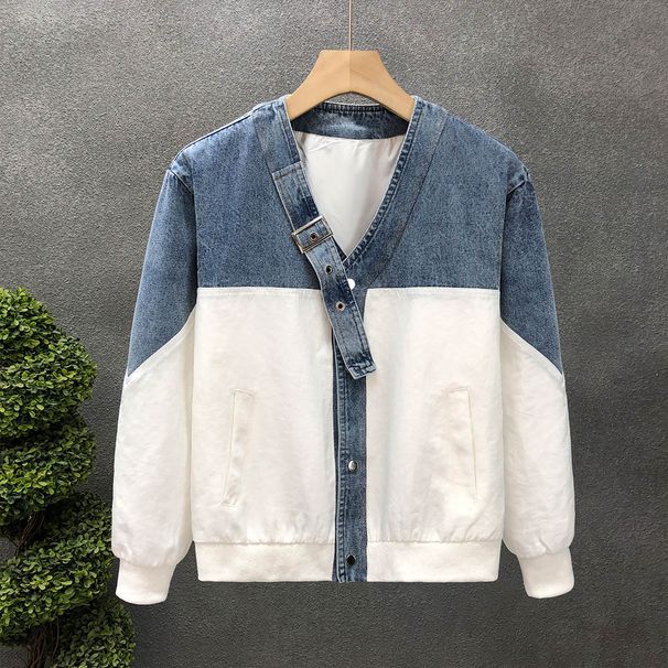 Cool Contrast Color Denim Jacket Men's Spring And Autumn Style New Men's Spirited Young Man Autumn And Winter Youth V Neck Top_viptrois.com