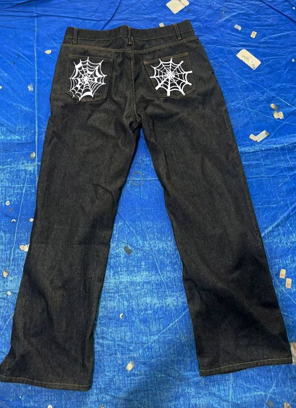 Men's Clothing Street Pants, Men's Black Autumn And Winter New Style Spider Web Print Design Niche Wide Leg Jeans_viptrois.com