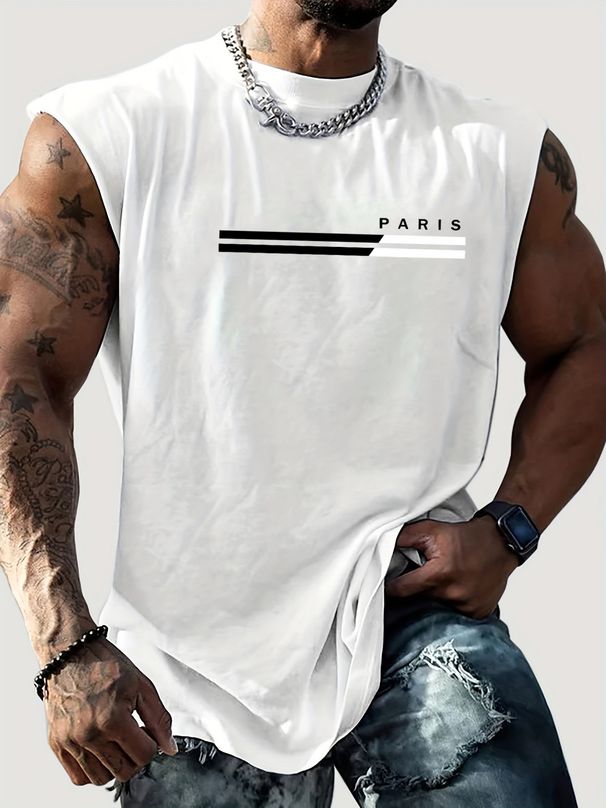 100% Pure Cotton Men's Summer Casual Sports Fitness Loose Paris Pattern Printed Breathable Round Neck Sleeveless Vest_viptrois.com
