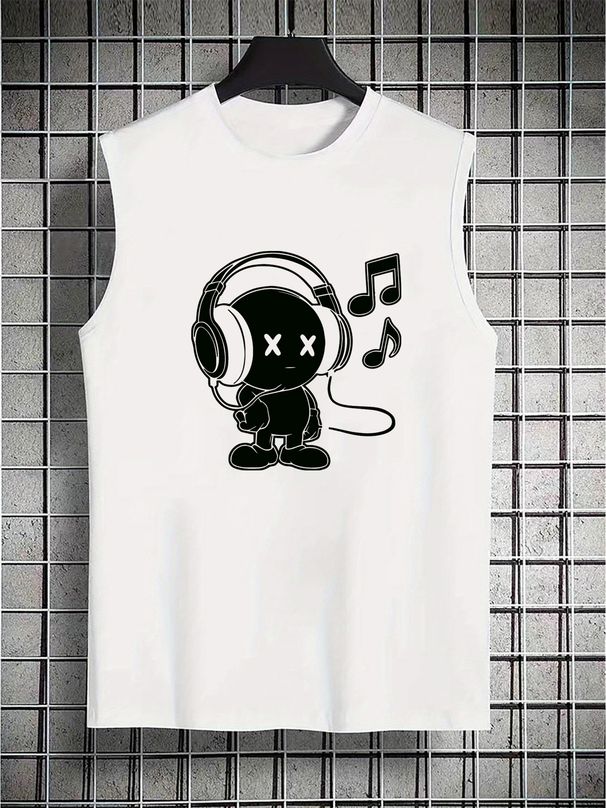 100% Pure Cotton Men's Summer Casual Sports Fitness Loose Headphones, Music Pattern Printed Breathable Round Neck Sleeveless Vest_viptrois.com