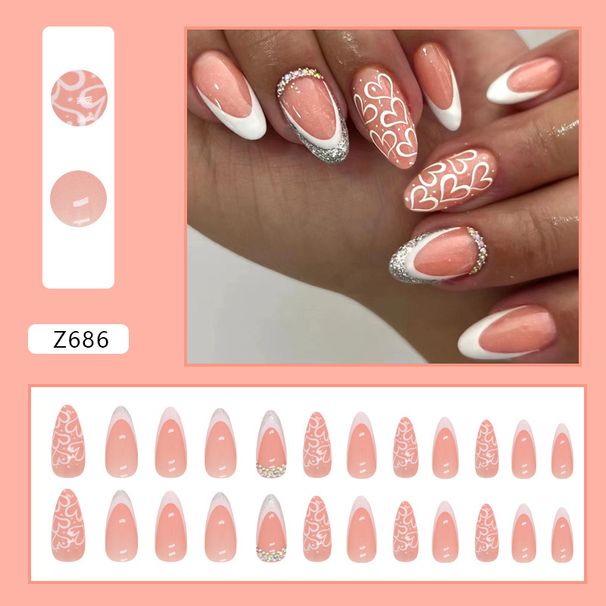 Simple Pure White Love French Glitter Diamond Nail Art Almond Armor Ins Wind Drill Wearing Armor Pieces_viptrois.com