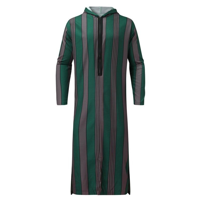 Men's Clothing Loose Large Size Long Hooded Jumpsuit Striped Printed Muslim Robe_viptrois.com