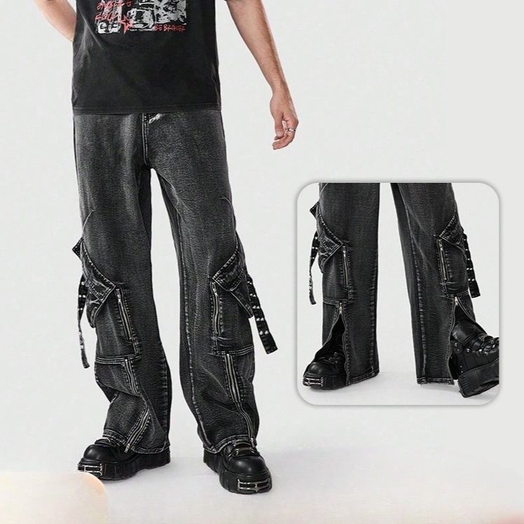 Men's Clothing Zipper Multi Pocket Trendy Flared Pants High Street Straight Wide Leg Jeans_viptrois.com