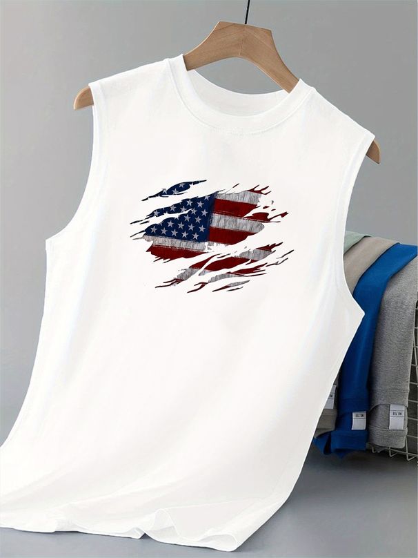 100% Pure Cotton Men's Summer Casual Sports Fitness Loose American Flag Pattern Printed Breathable Round Neck Sleeveless Vest_viptrois.com