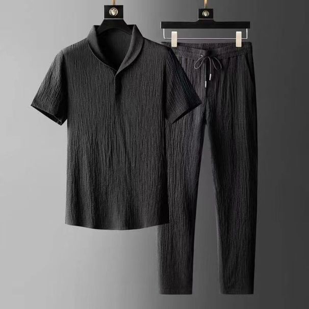 Men's Clothing Short Sleeved Ice Silk Linen Suit Men's Summer Large Size Loose Mid Sleeve T Shirt Cotton And Linen Two Piece Suit_viptrois.com
