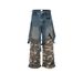 Men's Clothing Stitching Two Piece Camouflage Work Pants, Unisex Straight Leg Multi Pocket Color Blocked Jeans_viptrois.com