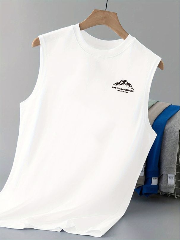 100% Pure Cotton Men's Summer Casual Sports Fitness Loose Mountain Letter Pattern Printed Breathable Round Neck Sleeveless Vest_viptrois.com