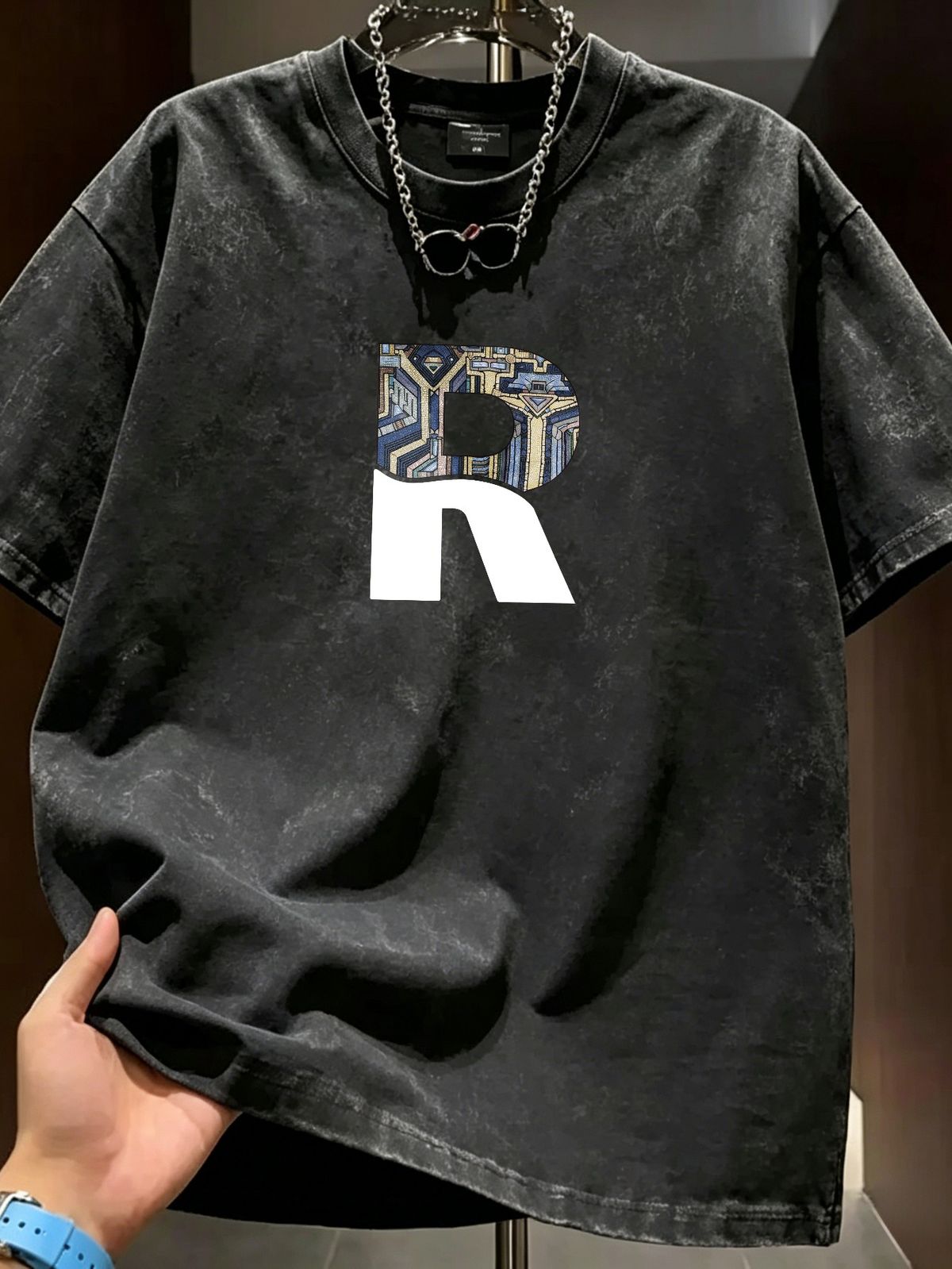 Summer New Washed Short-sleeved T-shirt, Men's Colorful Geometric Letter Creative Printing Half-sleeved Youth Trend Versatile Casual Loose Base Tee_viptrois.com