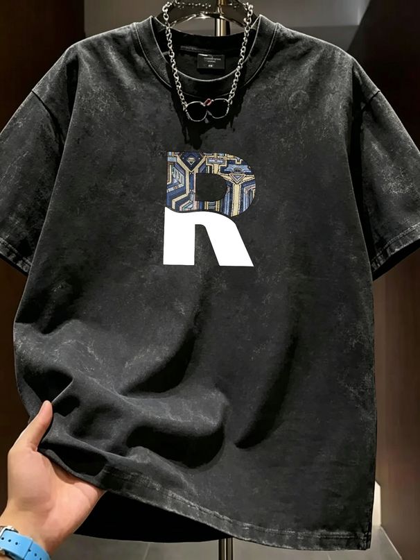 Summer New Washed Short-sleeved T-shirt, Men's Colorful Geometric Letter Creative Printing Half-sleeved Youth Trend Versatile Casual Loose Base Tee_viptrois.com