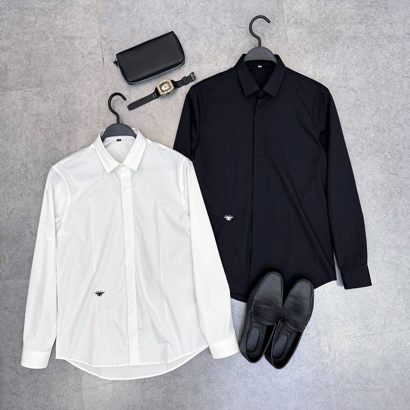 Men's Clothing Men's Long Sleeved Shirt Fashionable Business Slim Bee Embroidered Shirt Simple Shirt_viptrois.com
