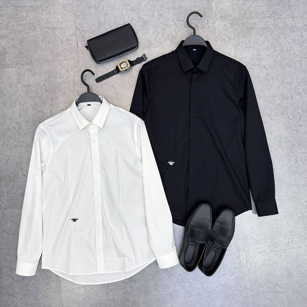Men's Clothing Men's Long Sleeved Shirt Fashionable Business Slim Bee Embroidered Shirt Simple Shirt_viptrois.com