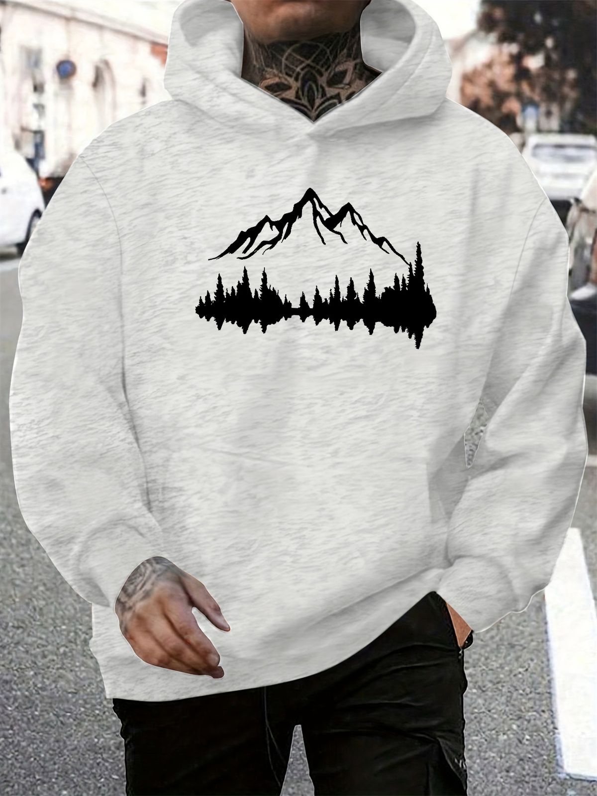 Men's Autumn And Winter Casual Fashionable Loose Hooded Sweatshirt With Mountain Reflection Pattern Printed Warm Long Sleeved Pullover_viptrois.com