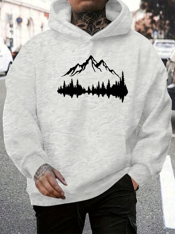 Men's Autumn And Winter Casual Fashionable Loose Hooded Sweatshirt With Mountain Reflection Pattern Printed Warm Long Sleeved Pullover_viptrois.com