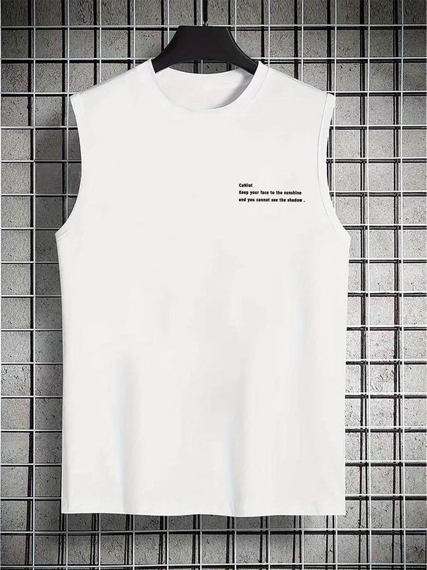 100% Pure Cotton Men's Summer Casual Sports Fitness Loose Letter Pattern Printed Breathable Round Neck Sleeveless Vest_viptrois.com