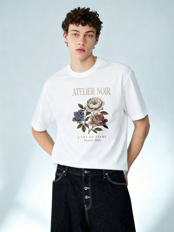 European Style Men's Short Sleeve T-Shirt, Vintage Peony ATELIER NOIR Print, Casual Round Neck Streetwear Tee_viptrois.com