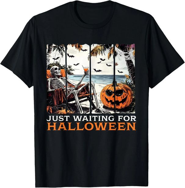 Just Waiting For Halloween Skeleton Summer Halloween T-Shirt Mens Womens Tees Top Tops Tees Men's Women's_viptrois.com