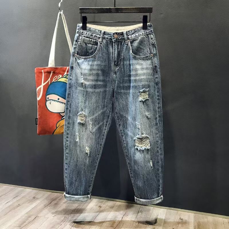 Men's Clothing Ripped Beggar Pants Men's High Street Retro Harem Nine Point Pants Spring And Summer Men's Loose Straight Trendy Jeans_viptrois.com