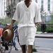 Men's Clothing Spring And Summer Casual Loose Three Quarter Sleeve Jacquard Knitted Sweater Top Shorts Suit_viptrois.com