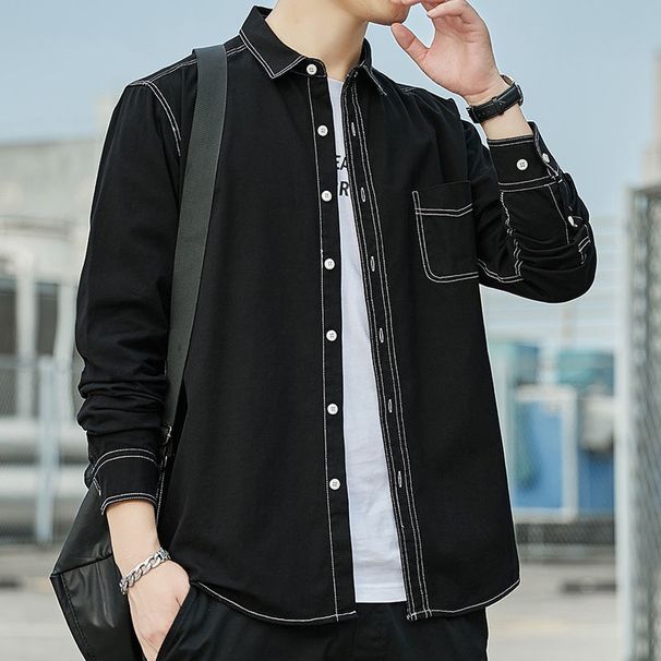 Autumn Men's Cotton Denim Korean Version Loose Inch Top Long Sleeved Shirt Black Trendy Cool Jacket Large Size_viptrois.com