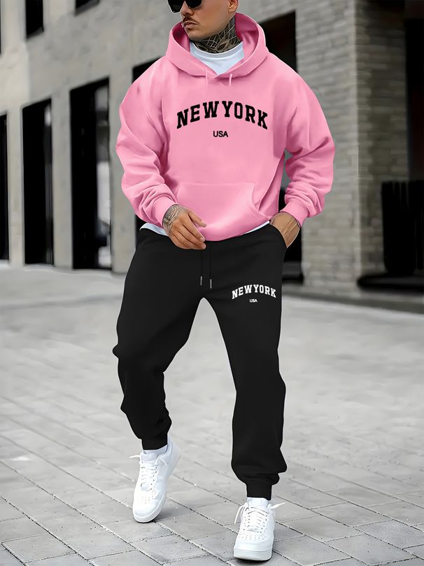 Men's Autumn And Winter Casual Fashion NEW YORK USA Letter Printed Loose Suede Thick Hooded Sweatshirt+sports Pants Set_viptrois.com