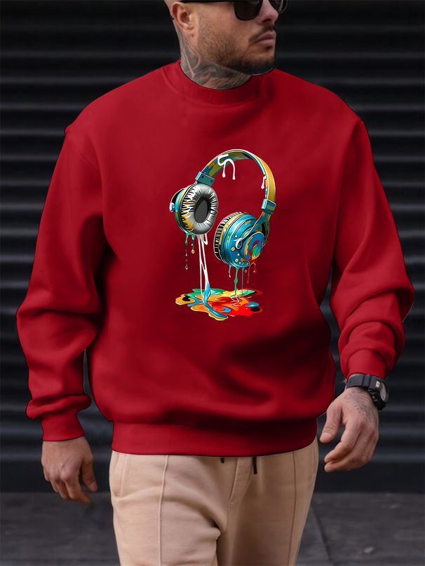 Men's Loose Casual Fashionable Color Headphone Pattern Printed Round Neck Long Sleeved Sweatshirt For Autumn And Winter_viptrois.com