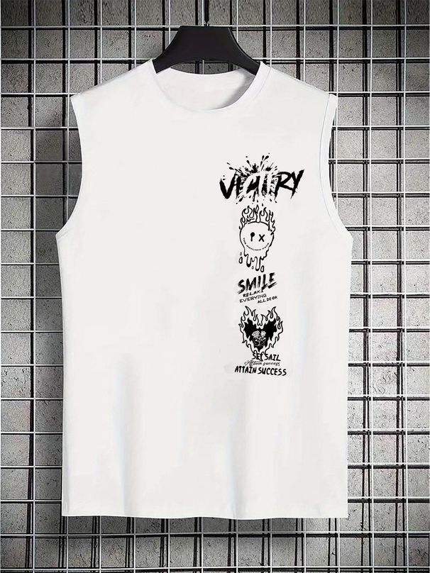 100% Pure Cotton Men's Summer Casual Sports Fitness Loose Dark Street Graffiti Style Print Breathable Round Neck Sleeveless Vest_viptrois.com