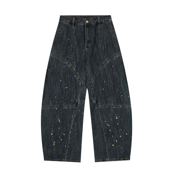 American High Street Silhouette Scimitar Jeans Men's Spray Paint Splatter Design Sense Patchwork Deconstructed Workwear_viptrois.com