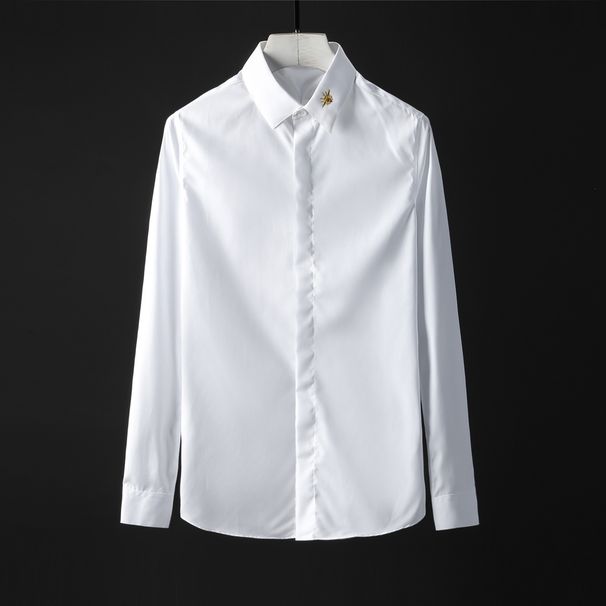 Men's Slim Fit 3D Embroidered Bee Long Sleeve Shirt Spring Casual Cotton Blend Trendy Wrinkle Free Black White Striped Pure Color_viptrois.com