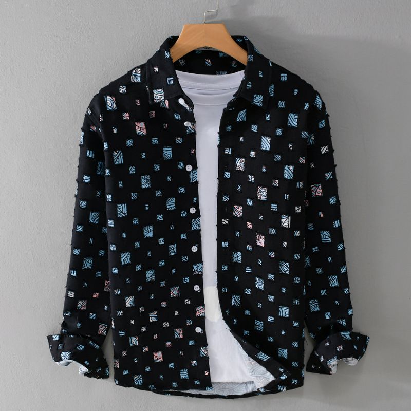 Men's Clothing Design Plaid Hole Print Splicing Long Sleeved Shirt Hollow Trend Cotton Shirt Jacket Men's Trend_viptrois.com