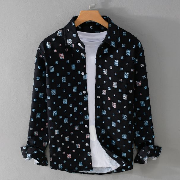 Men's Clothing Design Plaid Hole Print Splicing Long Sleeved Shirt Hollow Trend Cotton Shirt Jacket Men's Trend_viptrois.com
