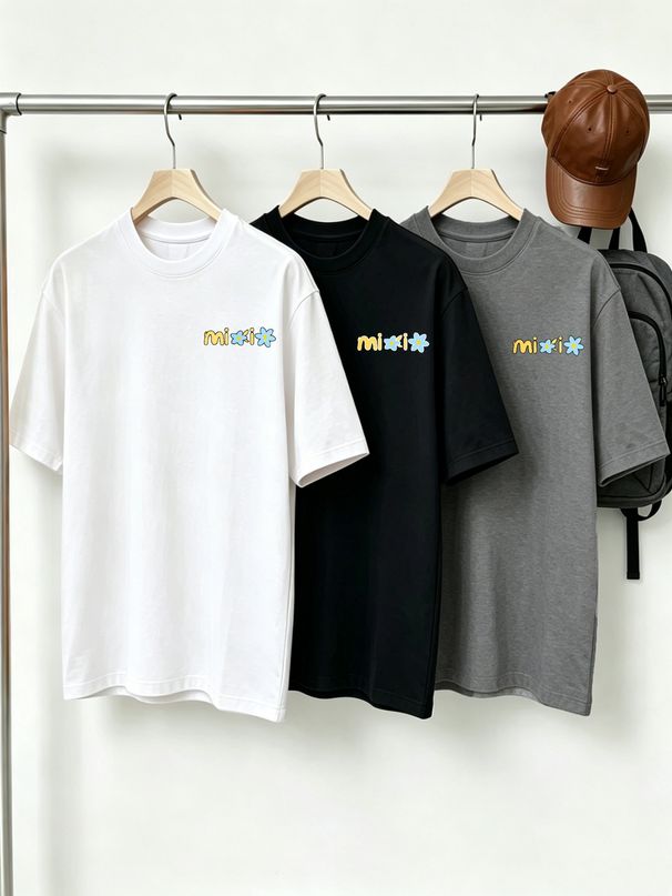 100% Cotton Men's 3-Pack T-shirts Mixxi Text With Daisy Floral Print Crew Neck Short Sleeve Casual Tops In Black White Gray_viptrois.com