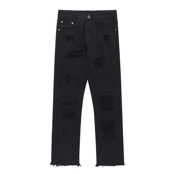 Trendy Brand Solid Color Frayed Ripped Jeans Men's High Street Ins Style Wide Leg Loose Casual Straight Long Pants_viptrois.com