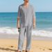 Men's Autumn Casual Beach V Neck Long Sleeve Top And Loose Linen Trouser Suit_viptrois.com