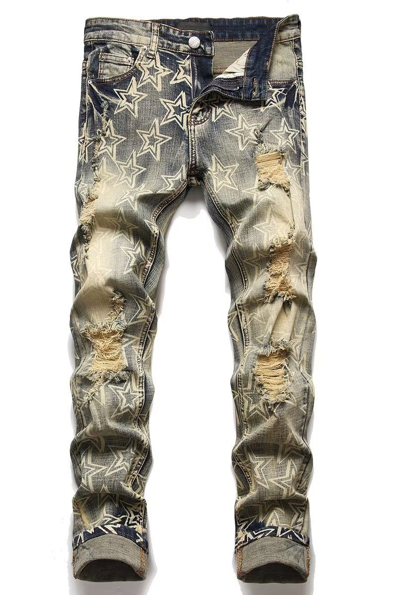 Men's Clothing Trendy Printed Denim Suit For Men, Elastic Slim Fit Ripped Jacket Top, Trendy Handsome Patchwork Beggar Pants_viptrois.com