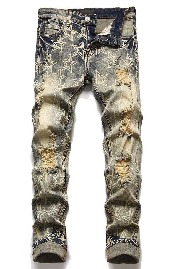 Men's Clothing Trendy Printed Denim Suit For Men, Elastic Slim Fit Ripped Jacket Top, Trendy Handsome Patchwork Beggar Pants_viptrois.com