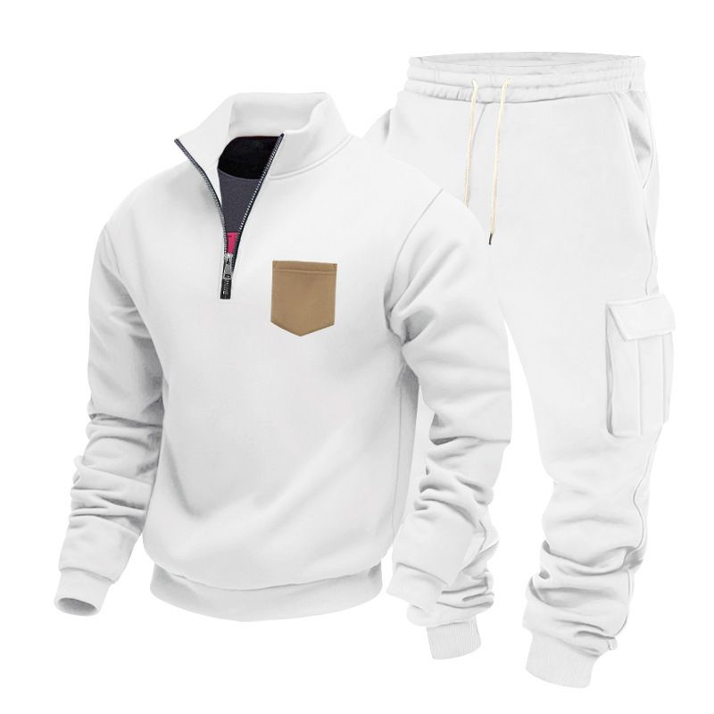 Men's Heavyweight Fleece Lined Stand Collar Sweatshirt & Work Pants Set - American Style Two Piece Casual Basic Autumn Winter Outfit Black Gray Khaki_viptrois.com