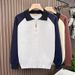 Men’s Japanese-Korean Hybrid Half-Zip Sweater – Contrast Lapel Polo Collar Pullover (Greyish/Apricot, M-3XL)_viptrois.com