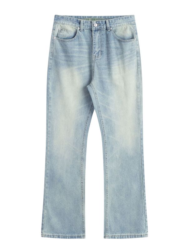 Men's Clothing Cleanfit Washed Distressed Vintage Ice Blue Cream Faded Cat Whisker Scratched Flared Jeans For Men_viptrois.com