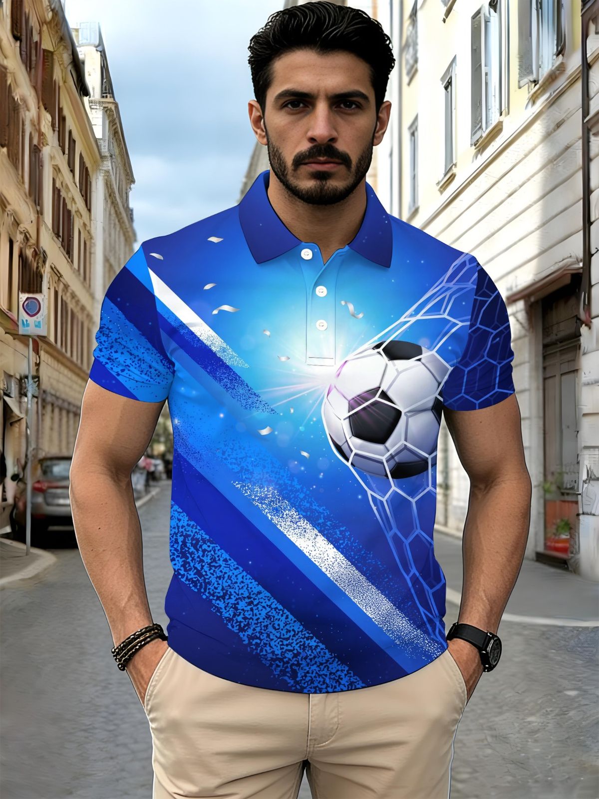 Polo Uomo Poliestere Taglio Dritto Leggero Traspirante Resistente Stampa Calcio Blu Bianco Tifosi Outdoor Quotidiano_viptrois.com