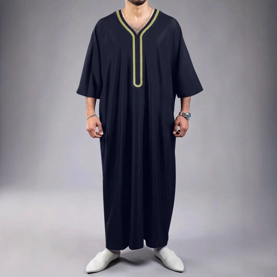 Men's Clothing Men's Muslim Robe New Style Arabic Robe Side Pocket Short Sleeve Embroidery Navy Blue_viptrois.com