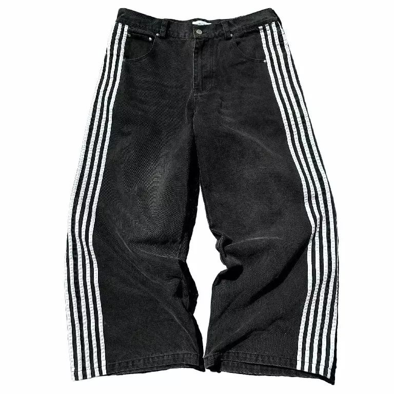 Men's Clothing Retro Street Striped Jeans Washed Distressed Casual Straight Wide Leg Mopping Trousers_viptrois.com