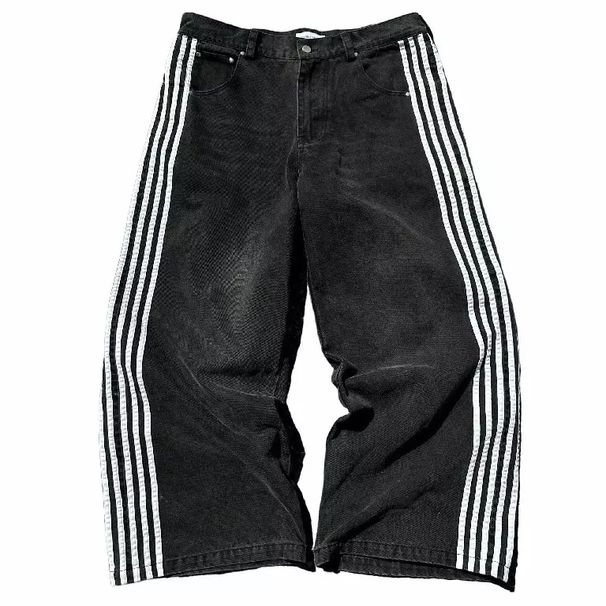 Men's Clothing Retro Street Striped Jeans Washed Distressed Casual Straight Wide Leg Mopping Trousers_viptrois.com