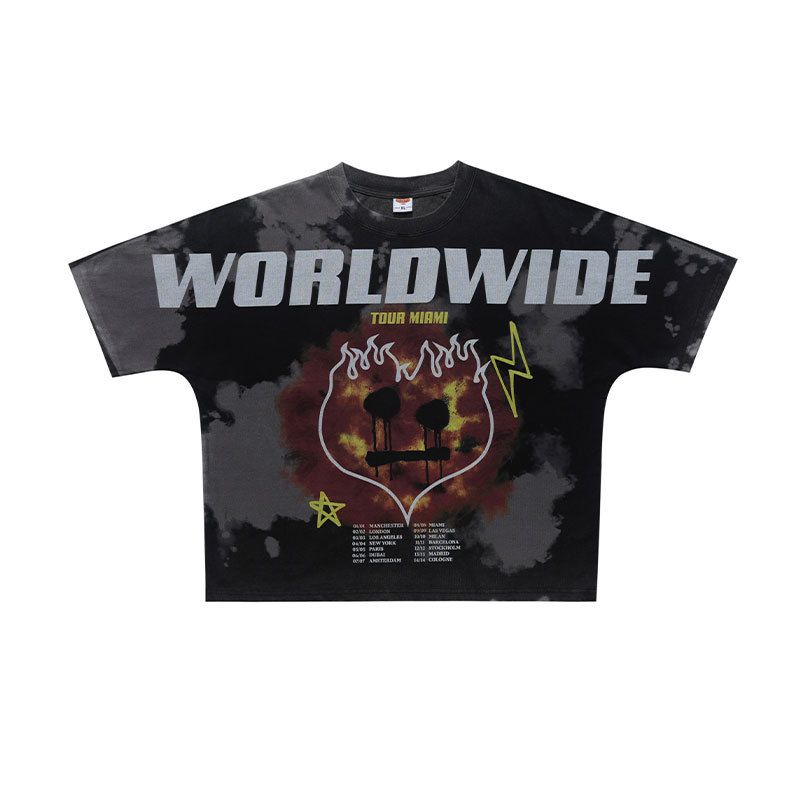 American-style 300g Flame Cartoon Full-print Washed Distressed Loose One-piece Cut Short-sleeve T-shirt_viptrois.com
