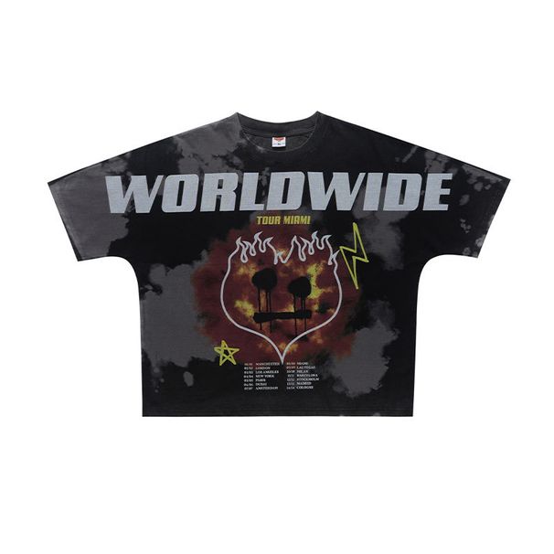 American-style 300g Flame Cartoon Full-print Washed Distressed Loose One-piece Cut Short-sleeve T-shirt_viptrois.com